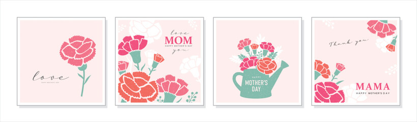 Set of Mother's day greeting cards with beautiful Carnation flowers.