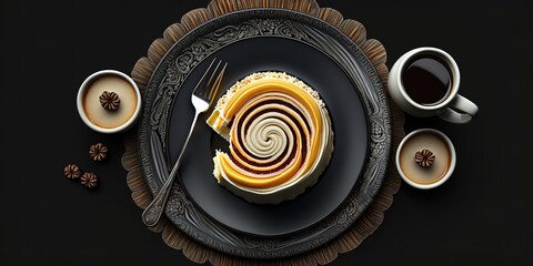 Wall Mural - top view of yummy sweet rolls sliced cake for tea inside plate on black table generative ai