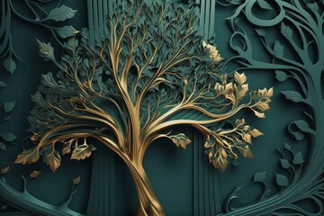 Wall Mural - 3d wallpaper of colorful tree with turquoise, blue and brown leaves in the drawing background. drawing golden objects, Generative AI