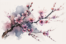 Vintage Watercolor Spring Garden Seamless Background With Pink Flowers Blooming Branches Of Cherry, Peach, Pear, Sakura, Apple Trees And Butterflies, Isolated Botanical Illustration AI Generated