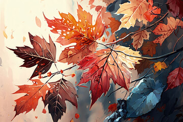 Wall Mural - Autumn trees and yellow leaves, watercolor painting, AI generated