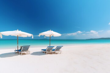  Beautiful beach banner. White sand, chairs and umbrella