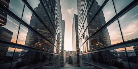 Wall Mural - Multiple exposure of office buildings, exteriors and architecture reflecting the fast-paced business atmosphere in an ever-evolving and changing business world. Generative AI 