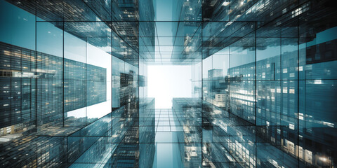 Wall Mural - Multiple exposure of office buildings, exteriors and architecture reflecting the fast-paced business atmosphere in an ever-evolving and changing business world. Generative AI 