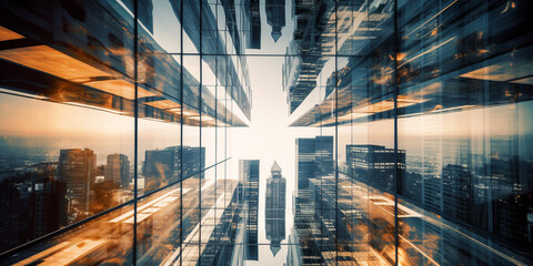 Wall Mural - Multiple exposure of office buildings, exteriors and architecture reflecting the fast-paced business atmosphere in an ever-evolving and changing business world. Generative AI 