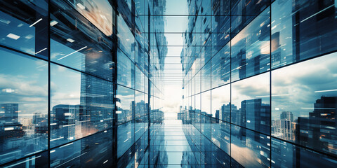 Wall Mural - Multiple exposure of office buildings, exteriors and architecture reflecting the fast-paced business atmosphere in an ever-evolving and changing business world. Generative AI