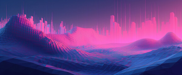 Virtual world, 3d rendering, abstract virtual reality violet background, cyber space landscape with unreal mountains. Neon wireframe terrain, AI generated