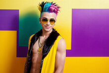 Portrait Of A Man With Rainbow Mohawk Hair And Sunglasses On A Abstract Painted Background, Summer Vibrancy. Generative AI.