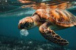 A sea turtle underwater eats a jellyfish, generative AI.