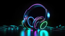 Futuristic Headphones with multicolored Neon lights Generative AI.