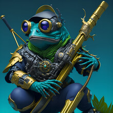 Dark Cyber Punk Frog Sniper Wearing Headphone With Cyan Armor Golden Gradient