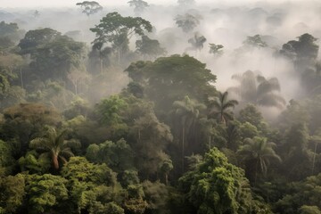 Wall Mural - smoky jungle, with view of the canopy and its inhabitants, from above, created with generative ai
