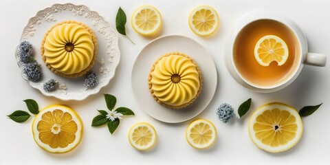 Wall Mural - Sweet cakes, lemon slices, and a cup of tea are shown in a top-down perspective on a white desk. Generative AI