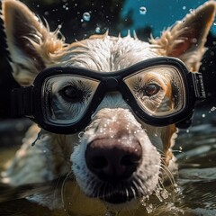 Wall Mural - A dog swims in swimming goggles, generative AI.