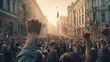 Revolutionary Voices: Protesting Crowd with Raised Fists on City Street. Generative ai