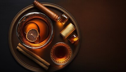 Cognac and cigar, with room for copy, seen from above Generative AI