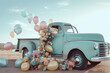 Rusted patina light blue pickup truck, pastel color, flowers and balloons 