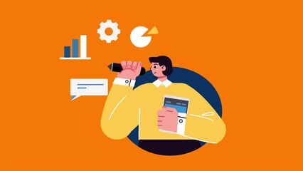 Abstract Man Working On Business Plan 2D Flat Animation. Modern Background with Graph, Chart and Speech Bubble. Business and Finances Concept. 4K