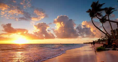 Wall Mural - Tropical beach shore and golden sea sunrise over ripple water