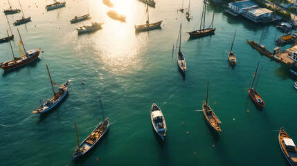 Wall Mural - Aerial view of a harbor with boats in the background, 500ft top view,