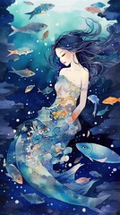 watercolor illustration of a pretty woman sleeping under water on ocean floor among fish, fantasy dreamy concept background wallpaper, Generative Ai