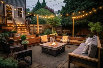 cozy outdoor patio with fire pit and lanterns for evening entertaining, created with generative ai