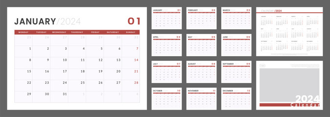 Wall Mural - 2024 Calendar Planner Template. Vector layout of a wall or desk simple calendar with week start monday. Set of monthly, annual and cover page calendar. Minimalist corporate calendar design for print.