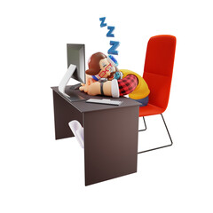 3D illustration. 3D Male character sleeping on the table. sitting in a red chair in front of a computer. showing a tired expression. 3D Cartoon Character