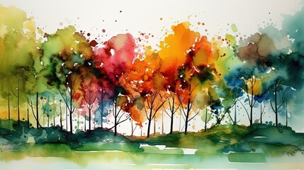 watercolor illustration of colorful  tree in autumn landscape, idea for artistic background wallpaper, Generative Ai