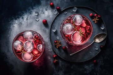 Wall Mural - Illustration of two cranberry vodka glasses with ice and room for text at the top. Generative AI