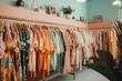 fast fashion store, with collection of clothing in pastel hues and bold prints, created with generative ai