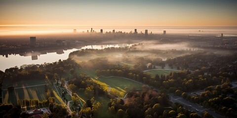 Poster - View from the height of the city in the fog.Aerial view. Panoramic shot. Generative AI