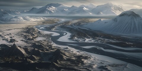 Poster - View from the height of the river with ice mountain river.Aerial view. Panoramic shot. Generative AI