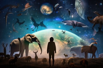 Canvas Print - person, exploring the cosmic zoo, with diverse animals and their habitats visible in the background,