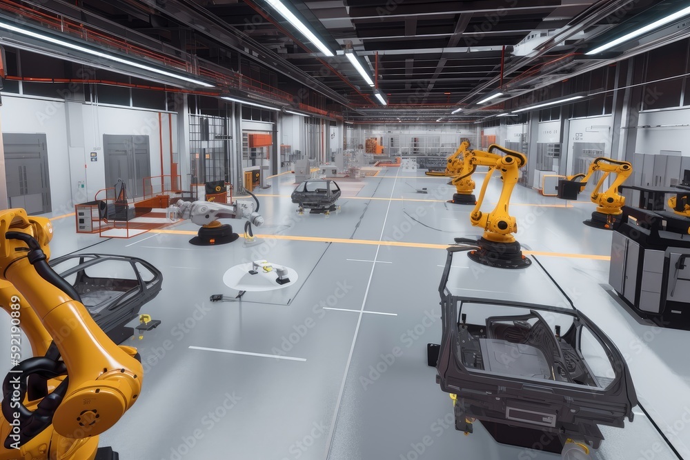 Factory Robot Lab Map vr simulation of factory floor, with robotic arms and vehicles moving ...