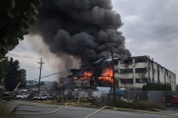 industrial building, with smoke and flames rising from the burning wreckage, created with generative ai