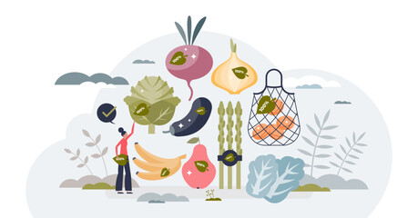 Wall Mural - Organic food eating and ecological groceries shopping tiny person concept, transparent background. Natural bio vegetables and fruits consumption for healthy meals illustration.