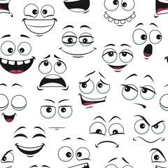 Wall Mural - Funny cartoon faces seamless pattern background, vector emoticons or funny happy cute smiles. Cartoon emoji face pattern with comic fun expressions, eye and mouth emoticon characters in doodle pattern