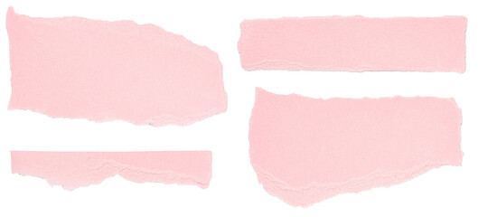 Wall Mural - Set of isolated pink torn blank note paper strips, top view from above on white or transparent background