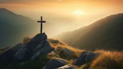 crucifix on grassland hill at twilight sunset time, Generative Ai
