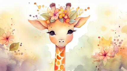 Wall Mural - watercolor style illustration of happy baby giraffe in flower blossom garden, idea for home wall decor, kid room, Generative Ai