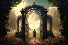 Person, Walking Through The Garden Of Paradise, With Gate To Heaven In The Background, Created With Generative Ai