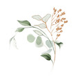 © Olga.And.Design - Watercolor bouquet of leaves and eucalyptus branch with golden line. Botanical herbal illustration for prints, packaging, fabric, wrappers, wallpapers, postcards, greeting cards, wedding invitations.