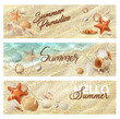 Realistic summer beach seaside, top view banners. Vector summer themed horizontal cards with seashells and starfish on sand near water edge. Tropical ocean shore texture for vacation, holidays leisure
