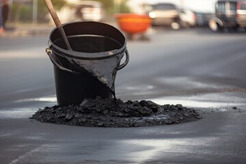 Wall Mural - close-up of pothole being filled with asphalt mixture, created with generative ai