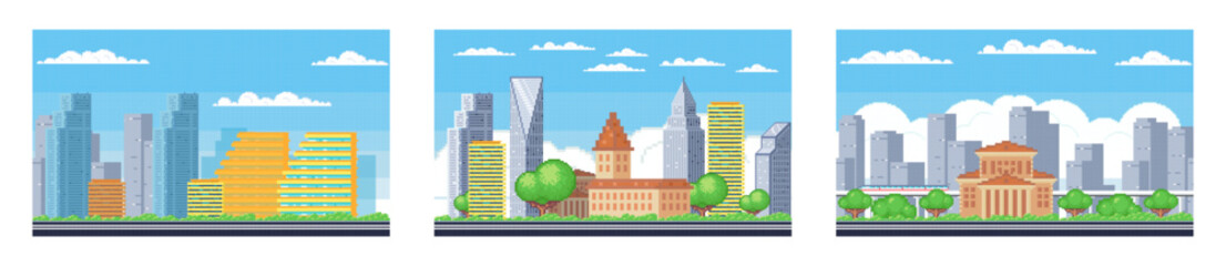 Wall Mural - Pixel art landscape. Urban street view, 8 bit city park road, with background buildings and apartments in pixel art, pixel cityscape. Pixelated scene, pixelation gaming playing level, 8 bit city