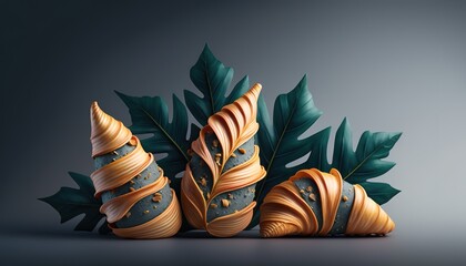 Wall Mural - on a muted gray backdrop, a trio of flaky french croissants is adorned with three leaves. generative