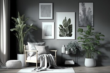 Wall Mural - A simple interior space in ash gray with four picture frames on the wall, furniture, and plants is used to display posters