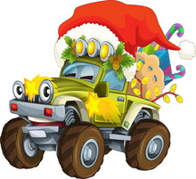 Cartoon Christmas Car Offroad  Illustration For The Children