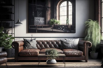 Wall Mural - mock up poster depicting a loft with a leather sofa 